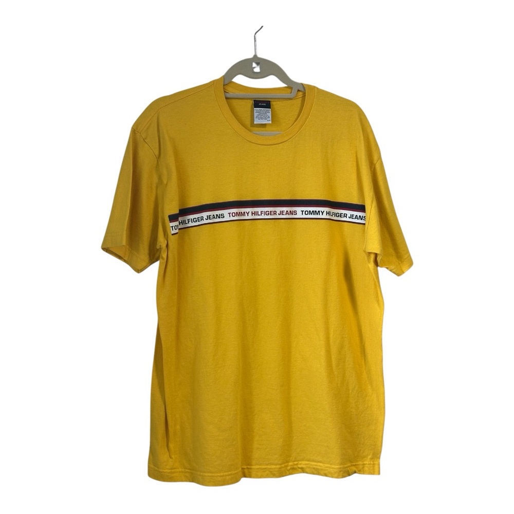 Tommy Filfiger yellow tee shirts size Medium preowned. With a red, white blue.